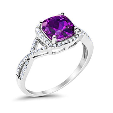 Halo Infinity Shank Engagement Ring Simulated Amethyst CZ 925 Sterling Silver